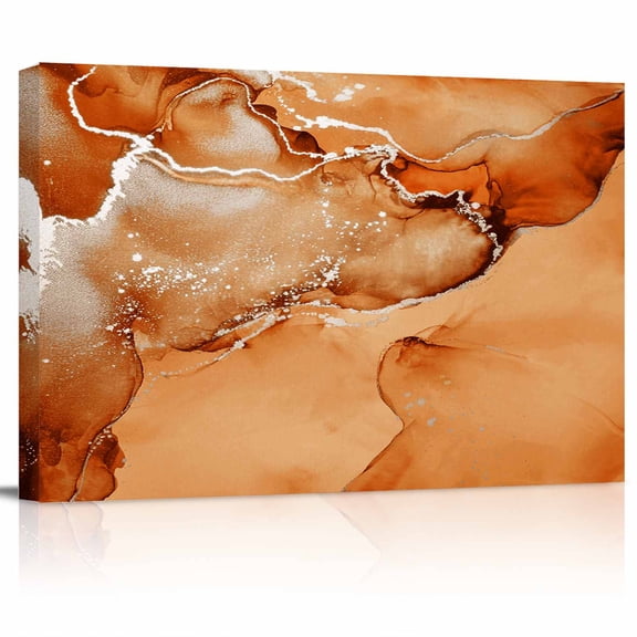 Burnt Orange Abstract Canvas Print Wall Art Silver Marble Ripples Luxury Fluid Art Pictures Painting Morden Artwork for Living Room Bedroom, Ready to Hang - 12"x16"