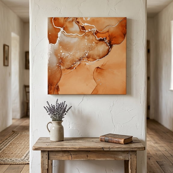 Burnt Orange Abstract Canvas Wall Art for Living Room Bedroom Bathroom, Silver Marble Ripples Canvas Art Wall Decor, Artwork for Walls Home Office Decor, 8"x8"