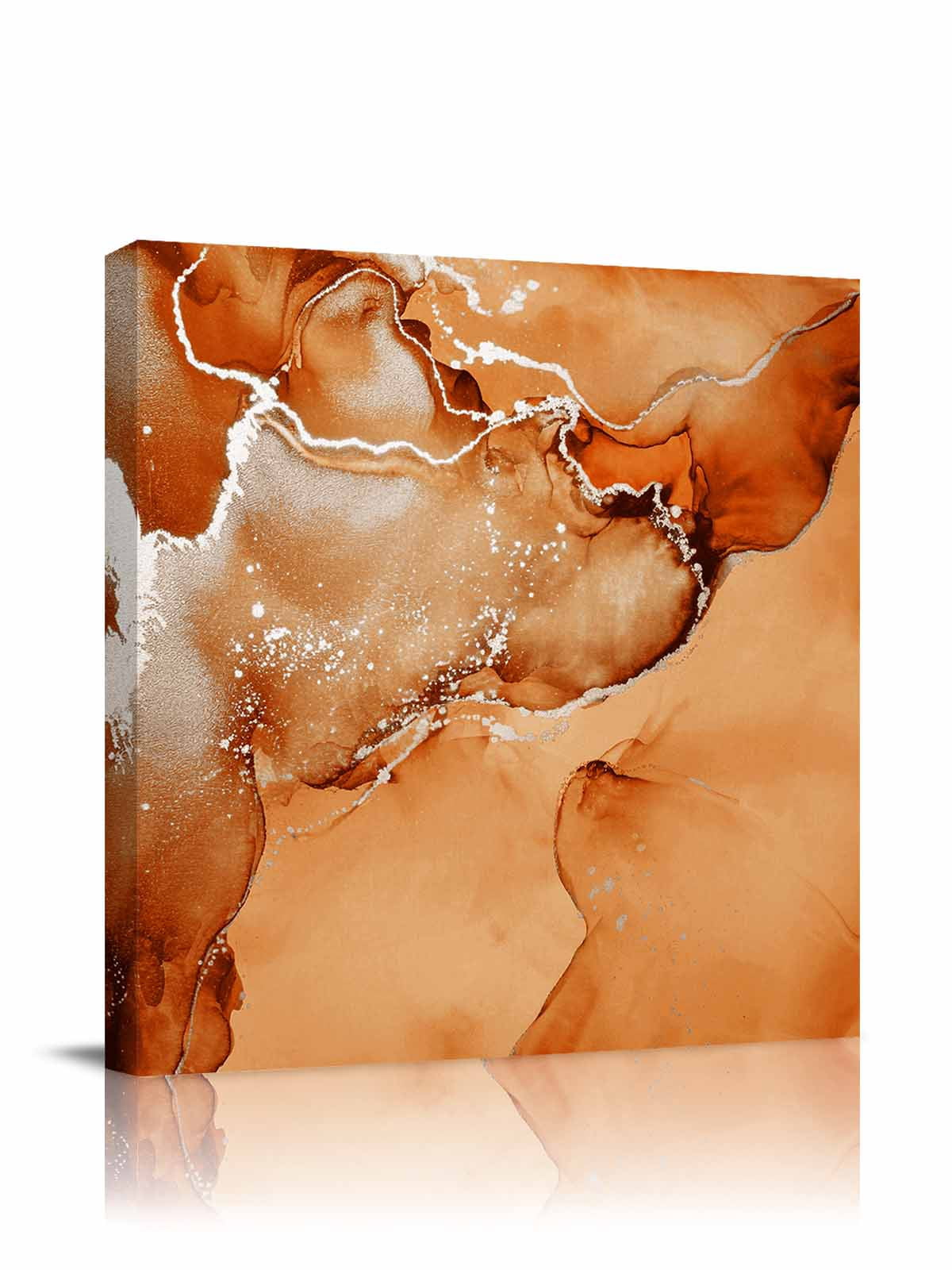 Burnt Orange Abstract Canvas Wall Art, Silver Marble Ripples Luxury Fluid Art Framed Wall Decor Modern Artwork Prints Painting for Living Room, Bedroom, Kitchen & Cafe Decor 16x16 Inch