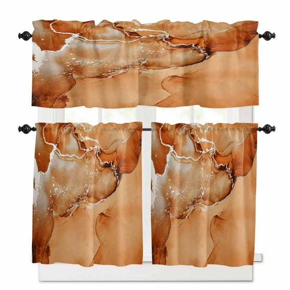 Burnt Orange Abstract Kitchen Curtains and Valances Set, Silver Marble Ripples Luxury Fluid Art Rod Pocket Window Valance Window Curtain Panels for Living Room Bedroom Laundry, 27.5x36in, 3 Pieces
