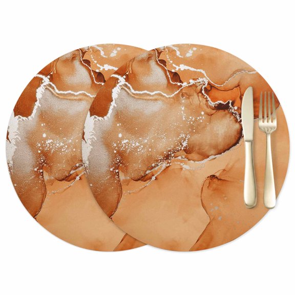 Burnt Orange Abstract Leather Placemats Set of 2, 12 Inch, Silver Marble Ripples Luxury Fluid Art Waterproof Oil-Proof Place Mats, Non-Slip Table Mats for Kitchen, Dining Room, Indoor Outdoor