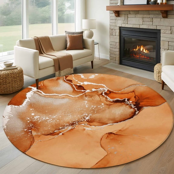 Burnt Orange Abstract Round Living Room Rugs 7 ft, Silver Marble Ripples Washable Area Rug with Non-Slip Sturdy Edge Binding Round Carpet for Kitchen Office Bedroom