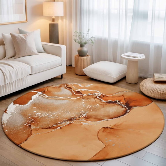 Burnt Orange Abstract Round Rug 4Ft Silver Marble Ripples Circle Area Rugs Washable Non Slip Indoor Floor Mats Carpet for Living Room Bedroom Dining Room Home Decor