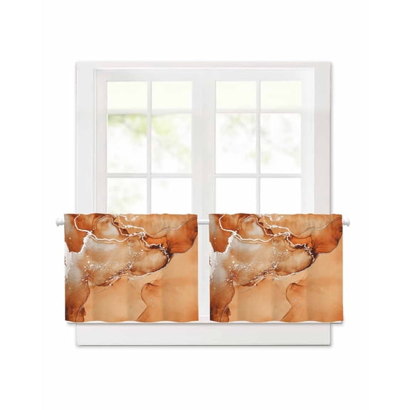 Burnt Orange Abstract Short Blackout Curtains 24 Inch Long Silver Marble Ripples Luxury Fluid Art Rod Pocket Kitchen Curtains, 2 Panels Thermal Insulated Room Drapes for Bedroom, 30"W x 24"L