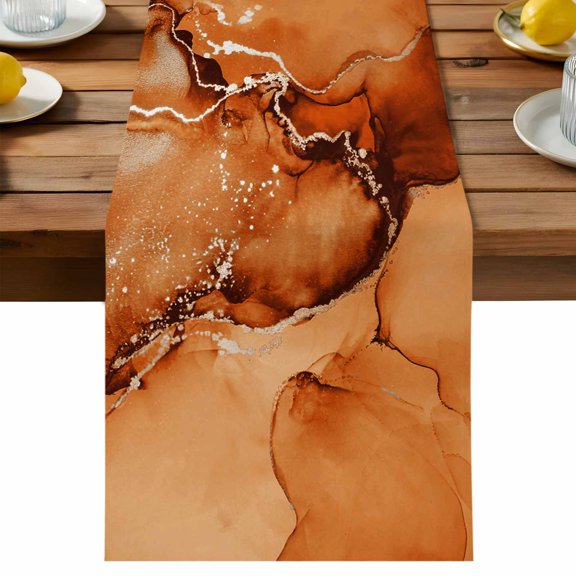 Burnt Orange Abstract Table Runner, Silver Marble Ripples Cotton Linen Table Cloth, Luxury Fluid Art Tablerunner for Kitchen Dining Party Wedding Home Decor 13x36 Inch