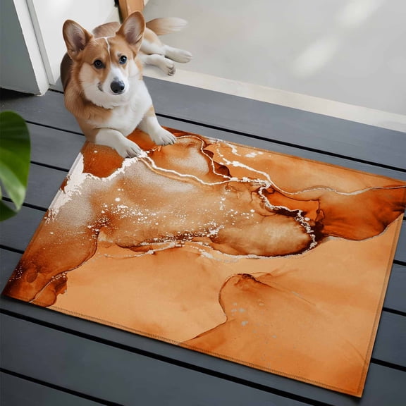 Burnt Orange Abstract Washable Area Rug 2x3 Silver Marble Ripples Luxury Fluid Art Low-Profile Area Rugs with Non Slip Backing Indoor Floor Carpet for Entrance Living Room Bedroom Home Office