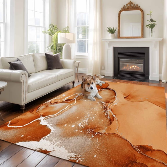 Burnt Orange Abstract Washable Area Rug 5x7 Silver Marble Ripples Luxury Fluid Art Low-Profile Large Area Rugs with Non Slip Backing Indoor Floor Carpet for Entrance Living Room Bedroom Home Office