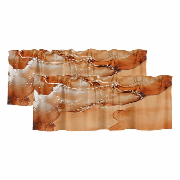 Burnt Orange Abstract Window Valance, Silver Marble Ripples 2 Pack Decorative Curtain for Small Windows, Light Filtering Valance with 3” Rod Pocket, 42"W x 12"L