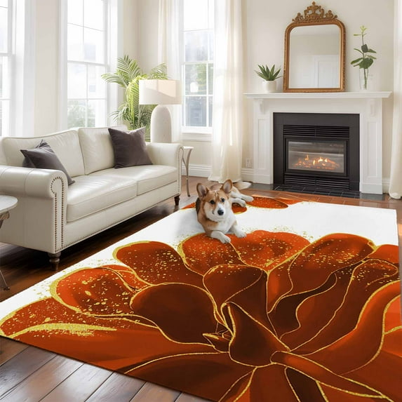 Burnt Orange Area Rug 5x8 FT, Non Slip Bedroom Throw Carpet, Sparkle Gold Stained Floral Flower Art Washable Soft Floor Carpet Non-Shedding Rug for Living Room Nursery Dorm Office