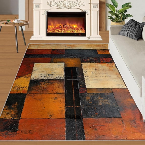 Burnt Orange Area Rug Abstract Rust Art Living Room Rugs for Bedroom Geometric Modern Chic Decor Carpet with Non-Slip Backing Farmhouse Indoor Floor Mat-4' x 5'