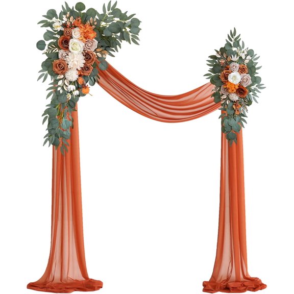 Burnt Orange Artificial Wedding Arch Flowers Kit with 26 Ft Terracotta Shiny Arch Draping Fabric