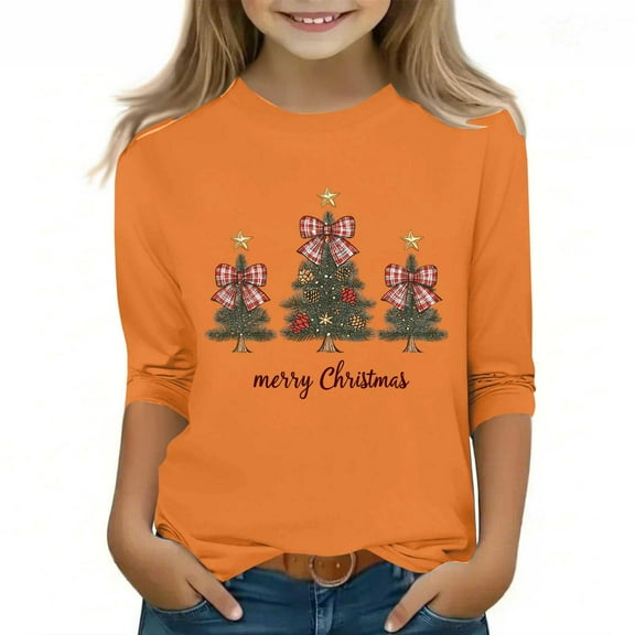 Burnt Orange Baby Graphic Tee Shirts for Kids Girl Boy Fall Winter Long 3/4 Sleeve Crewneck Spandex Happy Holiday Christmas Brunch Thermal Tops T shirt Kid 2025 Clothing 5 Years