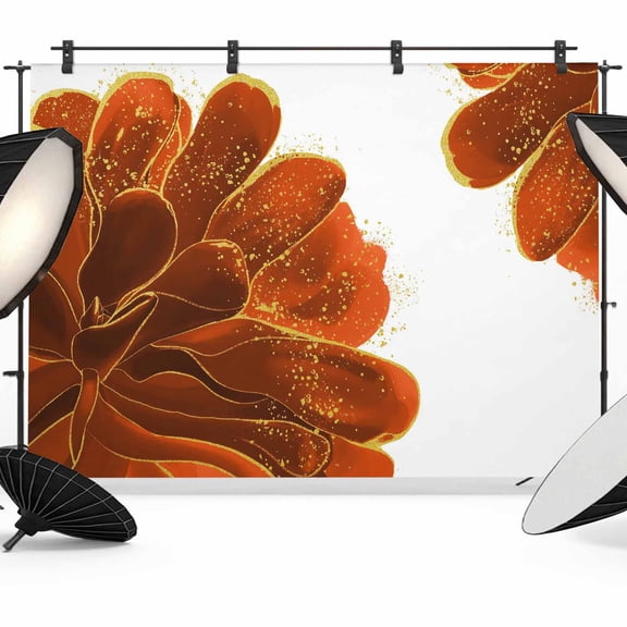 Burnt Orange Backdrop for Photography,Fabric Photo Background Backdrop,Sparkle Gold Stained Floral Flower Art Photo Booth Background for Portrait Photoshoot Video Wedding Decoration Banner 7x5ft