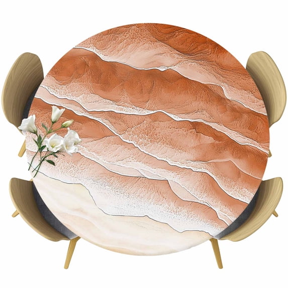 Burnt Orange Beach Coastal Round Tablecloth 36-44 Inch Round Fitted Table Cloth with Elastic Edge, Summer Nautical Seaside Ocean Ombre Waterproof Table Cover Protector for Outdoor Picnic Party Dining