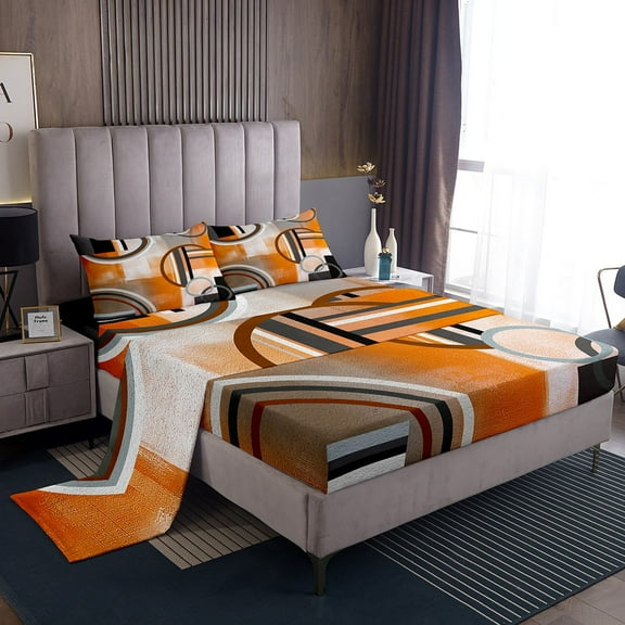 Burnt Orange Bed Sheets Set Queen 4 Piece,Geometric Black Gray Sheet Set,Watercolor Ombre Oil Painting Sheets,Contemporary Minimalist Artwork Bedding Set,Soft Microfiber Flat Fitted Sheet with Pocket