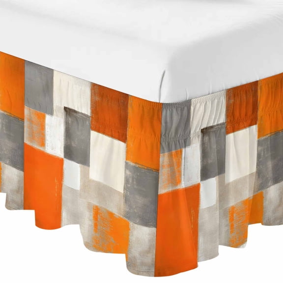 Burnt Orange Bed Skirt Queen Size 16 Inch Drop, Elastic Wrap Around Bed Skirts Pleated Dust Ruffles For Twin Full Queen Cal King Base Beds, Grey Modern Abstract Art Oil Painting Geometric