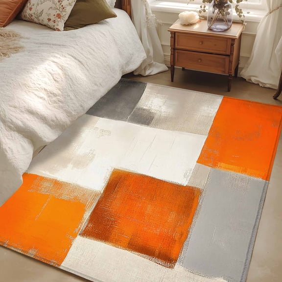 Burnt Orange Beige 3x5 Area Rugs, Abstract Modern Oil Painting Geometric Non-Skid Rubber Backing Large Rectangle Rugs - Living Room Bedroom Home Office, Indoor Floor Mat Carpets Washable Rug