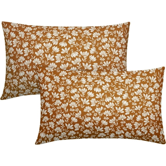 Burnt Orange Beige Daisy Floral Lumbar Pillow Covers 12X20 Inch Vintage Flowers Pillow Cases Set of 2 Block Print Cotton Linen Throw Pillows Farmhouse Decor For Sofa Couch Porch Bed Cushion Outdoor
