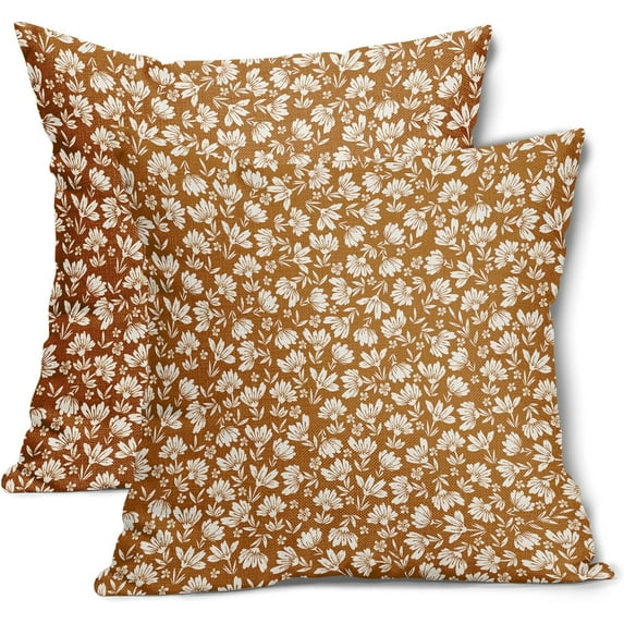 Burnt Orange Beige Daisy Floral Pillow Covers 16X16 Inch Vintage Flowers Decorative Pillow Cases Set of 2 Block Print Cotton Linen Throw Pillows Farmhouse Decor For Couch Porch Bed Cushion Outdoor