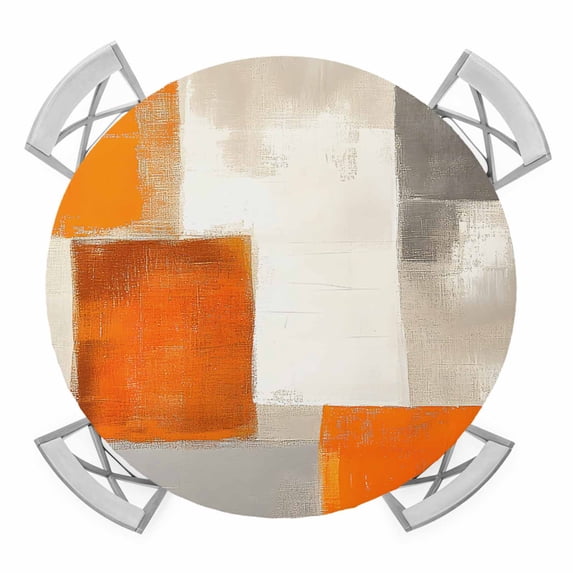 Burnt Orange Beige Round Fitted Tablecloth with Elastic Edge, Waterproof Table Cloth Table Cover for 36"-44" Tables, Abstract Modern Oil Painting Geometric Tablecloths for Dining Picnic Outdoor