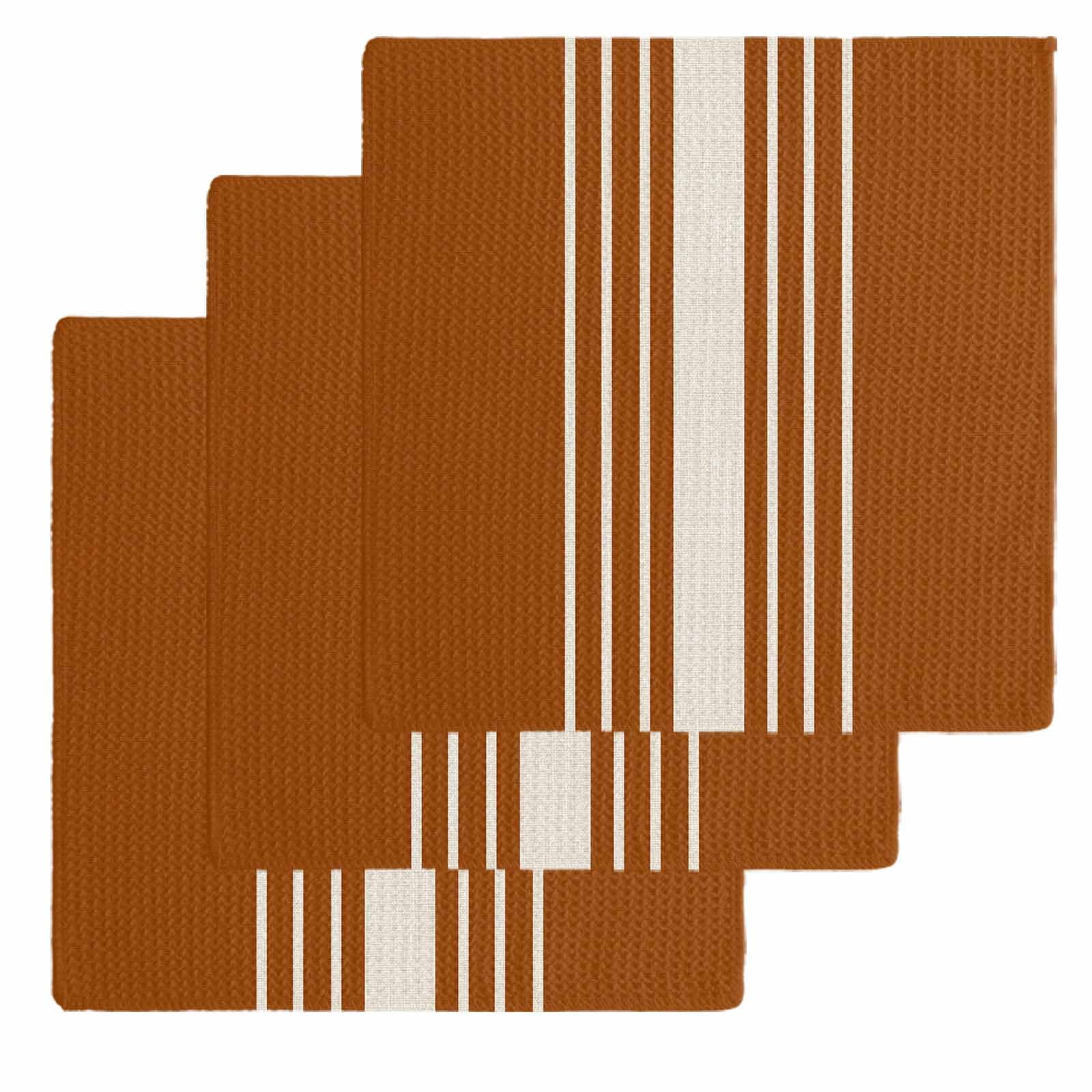 Burnt Orange Beige Striped Kitchen Dish Towels for Drying Dishes Set of 3, Modern Farmhouse Retro Lines Waffle Weave Microfiber Hand Tea Bathroom Towels Quick Dry & Absorbent Towel 12x12