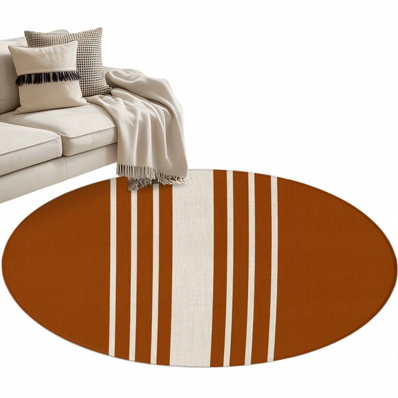 Burnt Orange Beige Striped Large Area Rugs for Bedroom Living Room, Soft Non Slip Carpet Bedside Rug, Modern Farmhouse Retro Lines Round Floor Cover Kitchen Accent Rug 3' for Dining Room/Office