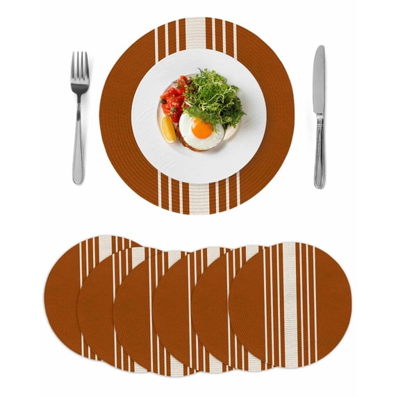 Burnt Orange Beige Striped Round 15 Inch Placemats Set of 6, Modern Farmhouse Retro Lines HeatResistant Non Slip Place Mats for Dining Table, Wipeable Braided Kitchen Table Mats for Housewarming