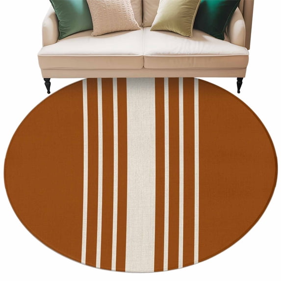 Burnt Orange Beige Striped Round Area Rug 5ft Washable Large Round Rug for Living Room, Soft Circle Rugs for Dining Room, Modern Farmhouse Retro Lines Floor Carpet for Bedroom Entryway Office