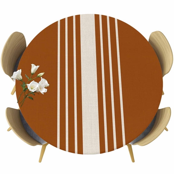 Burnt Orange Beige Striped Round Tablecloth 55-60 Inch Round Fitted Table Cloth with Elastic Edge, Modern Farmhouse Retro Lines Waterproof Table Cover Protector for Outdoor Picnic Party Dining