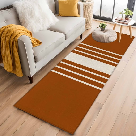Burnt Orange Beige Striped Runner Rug 2x6 FT,Non Slip Hallway Rugs,Modern Farmhouse Retro Lines Washable Soft Floor Carpet Throw Runner Carpet Long Rugs for Entryway Kitchen Bedside Sliding Door