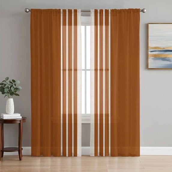 Burnt Orange Beige Striped Semi Sheer Curtains 84 Inch Length 2 Panels Set, Modern Farmhouse Retro Lines Sheer Kitchen Curtain Privacy Voile Window Curtain for Living Room Bedroom Rod Pocket Drapes