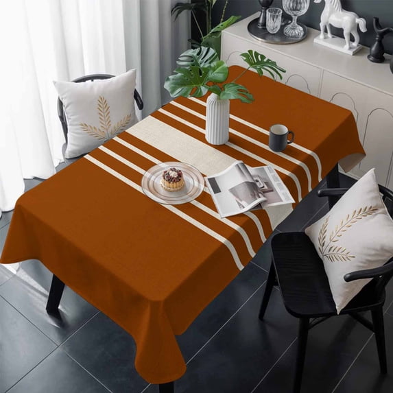 Burnt Orange Beige Striped Table Cloth Waterproof Tablecloths, Modern Farmhouse Retro Lines Tablecloth Dining Table Cover for Kitchen Party Tabletop Outdoor, Rectangle Tablecloth 54x108 Inch