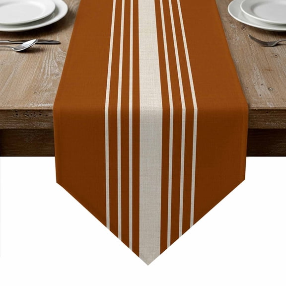 Burnt Orange Beige Striped Table Runner Linen Burlap Table Runner 36 Inches Small Modern Farmhouse Retro Lines Dresser Scarves for Kitchen Island Coffee Dining Room Party Holiday Decoration 13"x36"