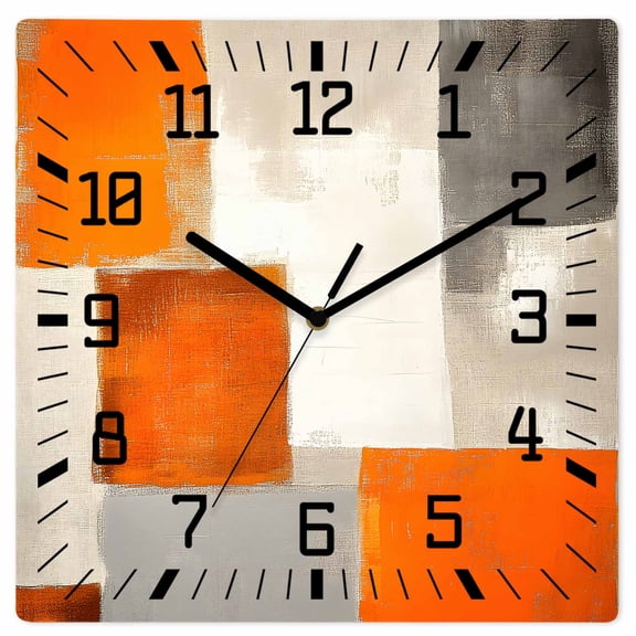 Burnt Orange Beige Wooden Wall Clock Silent Non Ticking, Abstract Modern Oil Painting Geometric Square Wall Clocks Battery Operated, Decor Clock for Home Office, Living Room, Kitchen, 12 Inch