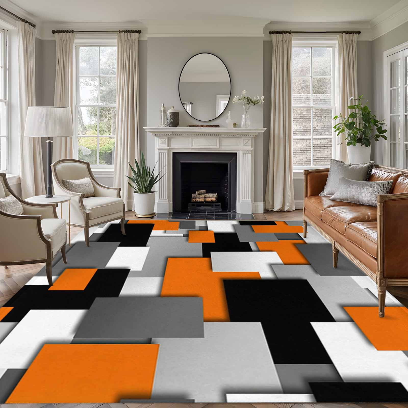 Burnt Orange Black Geometric Area Rug 5x8 Washable Rug Non Slip Modern Abstract Art Block Large Area Rug Soft Stainresistant Indoor Floor Carpet for Living Room Bedroom Home Office Dining Room