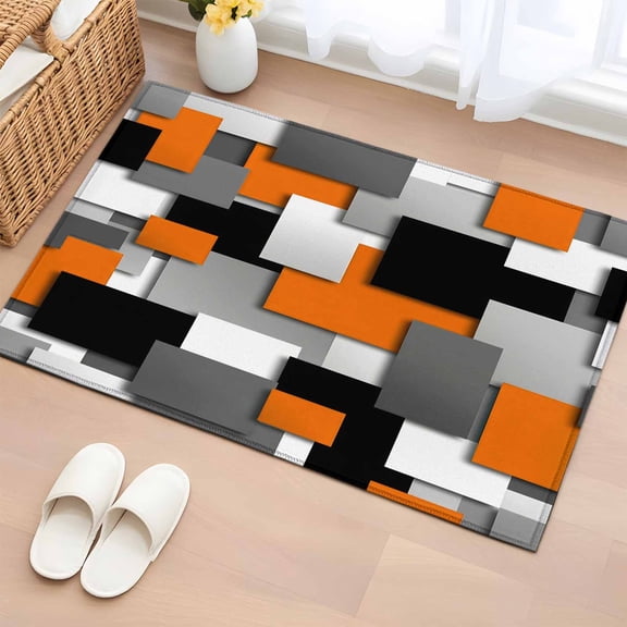 Burnt Orange Black Geometric Bathroom Rug Washable 2x3 Entryway Rug Non Slip Modern Abstract Art Block Front Door Mat Low Pile Indoor Doormat Throw Floor Carpet for Kitchen Bedroom Entrance