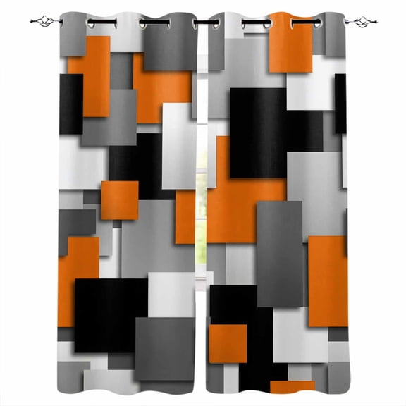 Burnt Orange Black Geometric Black Out Curtains 63 Inch Long, Room Darkening Draperies Curtains Panels, Modern Abstract Art Block Thermal Insulated Curtain for Bedroom Living Room 52"x63" 2 Panels