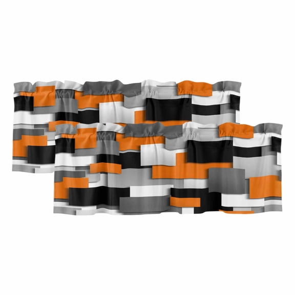 Burnt Orange Black Geometric Curtain Valances for Windows, Kitchen Valance Window Treatments Panel 2 Pack, Modern Abstract Art Block Rod Pocket Short Curtains for Bathroom Bedroom 54 x 18 Inch