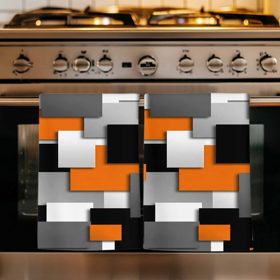 Burnt Orange Black Geometric Kitchen Towels Set of 4, Modern Abstract Art Block Absorbent Dish Towels for Kitchen, Microfiber Hand Towel, Quick Drying Tea Towel for Cleaning Decorative Dishcloths