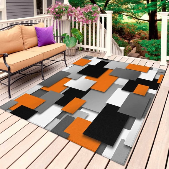 Burnt Orange Black Geometric Outdoor Rug 4x6 Ft, Non Slip Washable Area Rug, Modern Abstract Art Block Patio Rugs Carpet Runner, Large Floor Mat for Indoor/Outdoor Deck Porch Camping