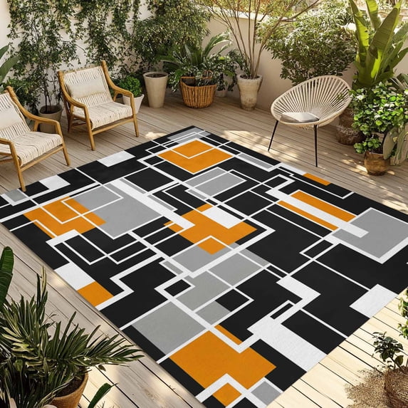 Burnt Orange Black Geometric Outdoor Rug 5x8 Ft - Reversible Patio Rug Outdoor Camping Rugs, Modern Color Block Abstract Indoor Outdoor Area Rugs, Non-Slip Outdoor Carpet Runner for Deck/Porch