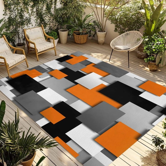 Burnt Orange Black Geometric Outdoor Rug 6x9 Ft - Reversible Patio Rug Outdoor Camping Rugs, Modern Abstract Art Block Washable Indoor Outdoor Area Rugs, Non-Slip Outdoor Carpet Runner for Deck/Porch