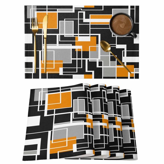 Burnt Orange Black Geometric Placemats Set of 12 Modern Color Block Abstract Place Mats Indoor Wipeable Table Mats Washable Dining Table Placemats for Kitchen Holiday Party Home Decor 13x19 Inch