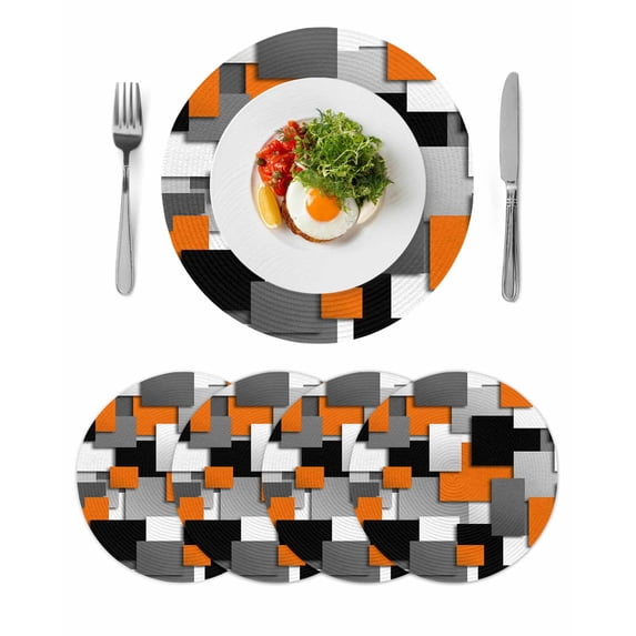 Burnt Orange Black Geometric Round 13 Inch Placemats Set of 4, Modern Abstract Art Block HeatResistant Non Slip Place Mats for Dining Table, Wipeable Braided Kitchen Table Mats for Housewarming
