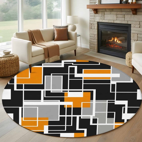 Burnt Orange Black Geometric Round Area Rug 8Ft Washable Large Circle Rugs for Living Room Dorm, Modern Color Block Abstract Non-Slip Carpet Floor Mats Indoor Outdoor Carpet Runner Home Decor