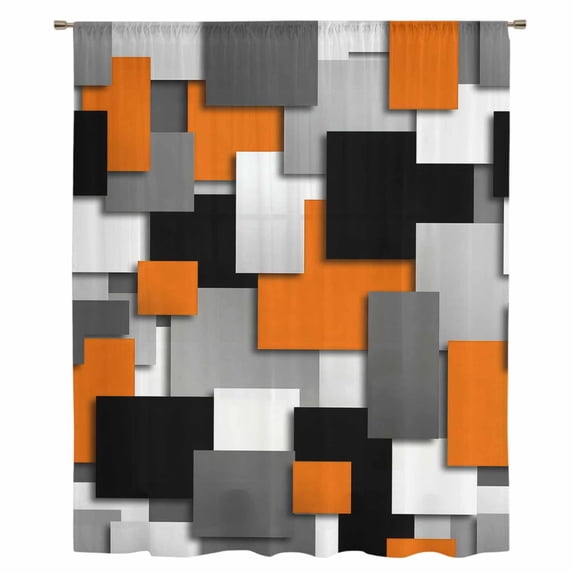 Burnt Orange Black Geometric Sheer Curtains 45 Inches Long, Modern Abstract Art Block Light Filering Curtains, Breathable Simi Curtain Privacy Drapes for Kitchen Bathroom Small Window Treatment