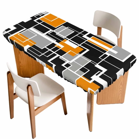 Burnt Orange Black Geometric Table Cloths for 3 Foot Rectangle Tables, Modern Color Block Abstract Patio Waterproof Elastic Fitted Tablecloths, Washable Rectangular Table Cover for Camping