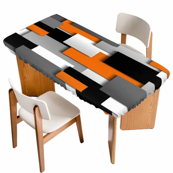 Burnt Orange Black Geometric Table Cloths for 6 Foot Rectangle Tables, Modern Abstract Art Block Patio Waterproof Elastic Fitted Tablecloths, Washable Rectangular Table Cover for Camping