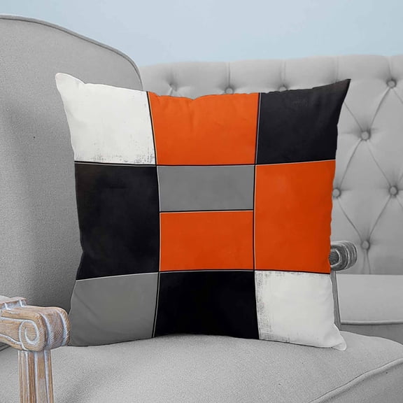 Burnt Orange Black Gray Decorative Pillowcase 24''x24'', Contemporary Geometric Plaid Throw Pillow Covers Soft Cushion Case for Couch Sofa Bedroom Living Room, Pillowcase Boho Decor