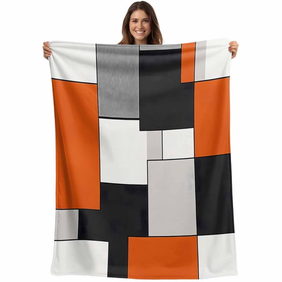 Burnt Orange Black Grey Blanket Soft Cozy Warm Throw Blanket for Couch, Plush Fuzzy Flannel Fleece Blankets for Sofa, Modernism Art Geometric Bed Blankets Lightweight Gifts for Women, 50"x60"